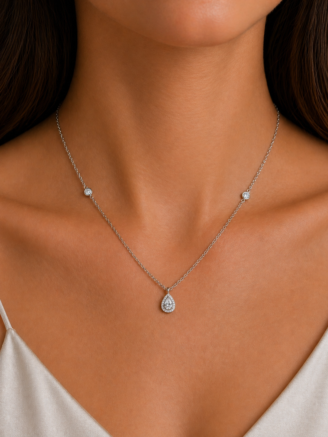 0.75 Carats Halo Pear Diamond Station Pendant